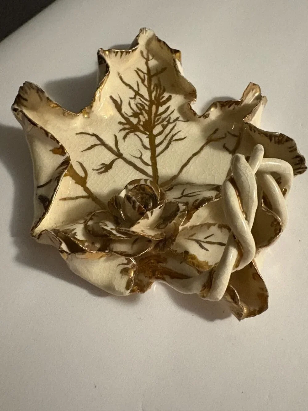 Vintage Porcelain Maple Leaf Trinket Dish w/Gold Trim and Rose Accent